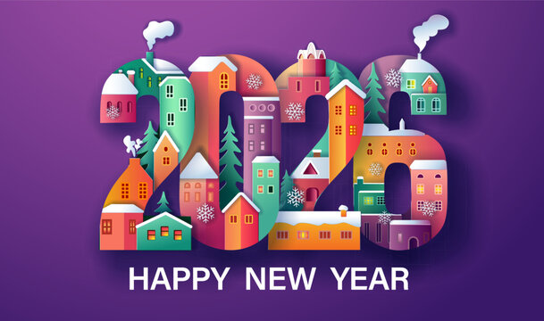 City Village, Happy new year 2026 and Merry Christmas card. Winter Snow Urban Countryside Landscape