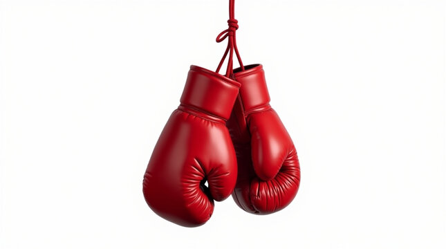A pair of red boxing gloves hanging on a rope, isolated on white background the gloves are made of leather and have a shiny appearance the rope is made of nylon and is knotted at the top