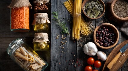 Flatlay rustic pasta grains photography lifestyle organic natural gourmet inspiration stylish decor artistic composition creative design modern healthy
