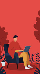 A man comfortably working on a laptop from home, embodying remote work and modern productivity. Ideal for business, technology, or lifestyle concepts.