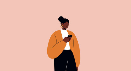 Illustrated woman using a smartphone, symbolizing modern communication, digital lifestyle, and connectivity. Perfect for business, technology, or social media concepts.