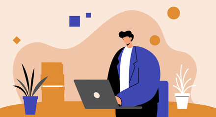 Focused professional man actively working on his laptop in a contemporary office setting, representing online business, remote collaboration, and digital productivity.