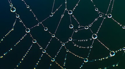 Close up of a spider web covered in numerous dew drops reflecting light against a dark gradient background