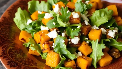 Delicious roasted butternut squash salad with fresh greens and crumbled feta cheese on a rustic plate