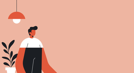 Modern minimalist vector illustration of a person in a contemporary home or office setting. Ideal for themes of lifestyle, work, creativity, or personal well-being.