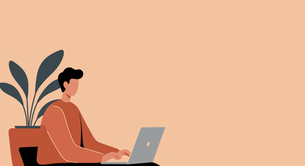 Man working diligently on laptop at home or remote office, reflecting productivity, online collaboration, and modern digital lifestyle. Ideal for business and technology themes.