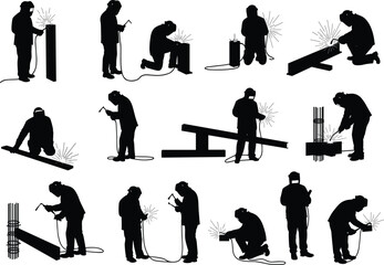 Silhouette welders working with sparks, welding torches and protective masks, industrial metal construction workers repairing beams, pipes and steel structures on construction site