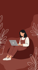 A young woman comfortably works on her laptop from a cozy home setting, embodying remote work, online learning, and relaxed productivity. Ideal for lifestyle and business concepts.