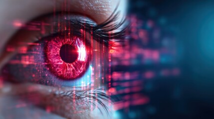 A digitally enhanced eye featuring a vibrant red iris and glowing data patterns, symbolizing technology and vision.