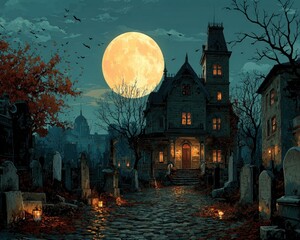 Graveyard with haunted house, bats, moon, and tombstones