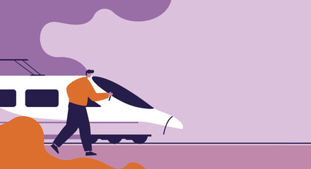 Man walking alongside a modern high-speed train, representing efficient urban travel, technology, and contemporary lifestyle. Ideal for business or leisure journeys.