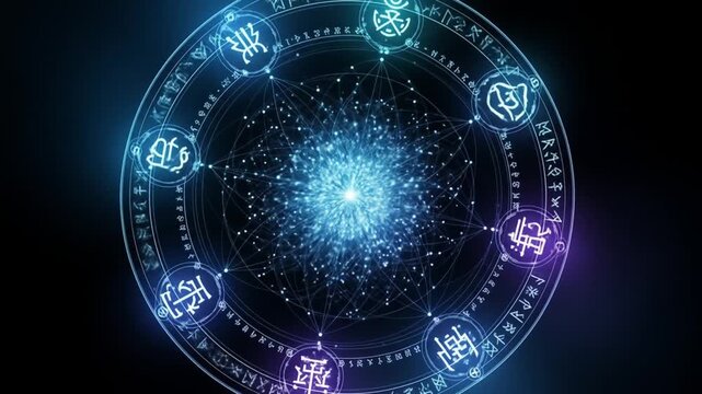 Mystical Circle: Glowing Symbols and Interconnected Network