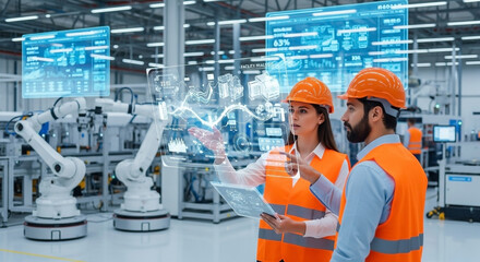 Two engineers in safety vests and hard hats analyze data projected in a modern factory setting.