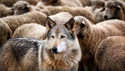 a wolf stands out amid a flock of sheep staring intently with a backdrop of woolly bodies