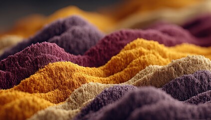 Fototapeta premium Close-up of layered spice powders, in hues of purple, orange, and beige, resembling hills