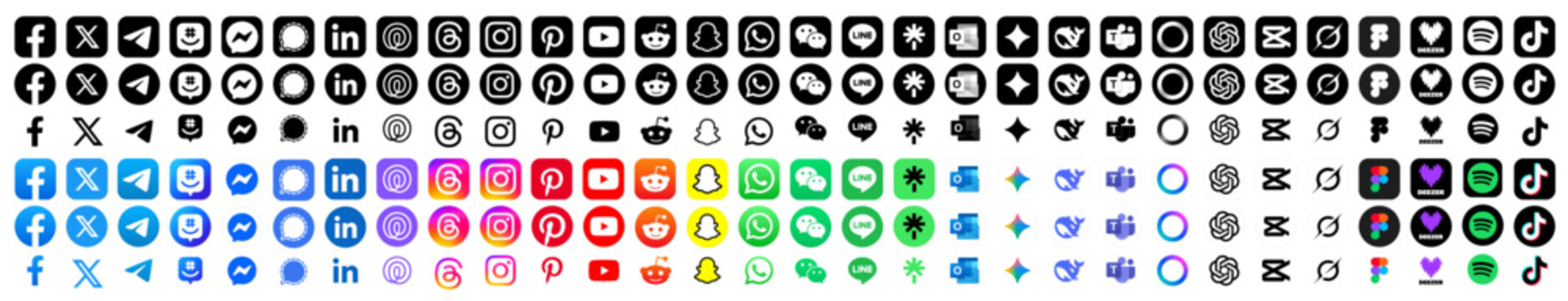 Threads, Instagram, TikTok, X, Facebook, Whatsapp, Twitter, YouTube, Telegram, Snapchat, Pinterest, Reddit, Messenger, Deezer, Spotify and LinkedIn app icons. Set of social media logos