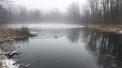 Misty Winter Lake Reflection in a Frozen Forest