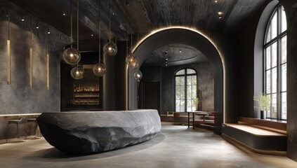 Modern lobby with a stone reception desk