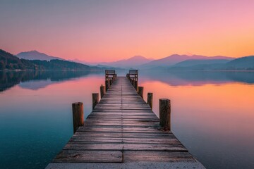 Fototapeta premium Serene lake pier at sunrise