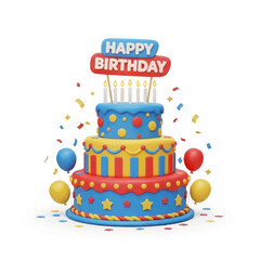 Colorful three tier happy birthday cake with balloons and confetti