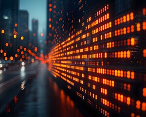 Abstract pattern of glowing orange digital lights on a screen in a blurry urban night city scene representing technology and data