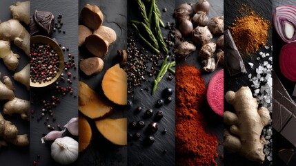 Flatlay rustic spice collage photography lifestyle organic natural gourmet inspiration stylish decor artistic composition creative design modern healthy variety