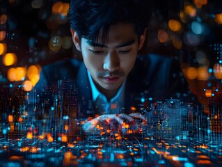 Man analyzing a complex digital cityscape projected before him symbolizing future technology and data