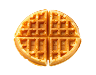Top-down view of a golden-brown waffle, quartered