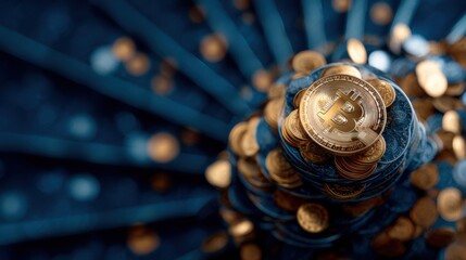 A close-up view of stacked Bitcoin coins, showcasing their intricate design against a blurred blue background, symbolizing digital currency and investment.