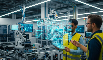 Factory workers utilize augmented reality technology to monitor and control an industrial robot arm.
