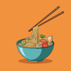 Delicious noodle bowl with chopsticks and fresh ingredients