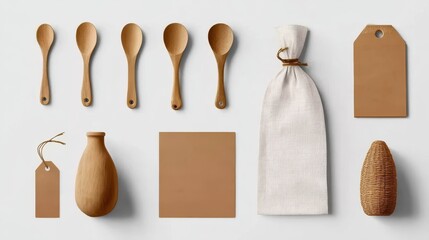 Kraft paper packaging and wooden design elements mockup, handmade style, ideal for product display, branding materials, craft projects, organic product design