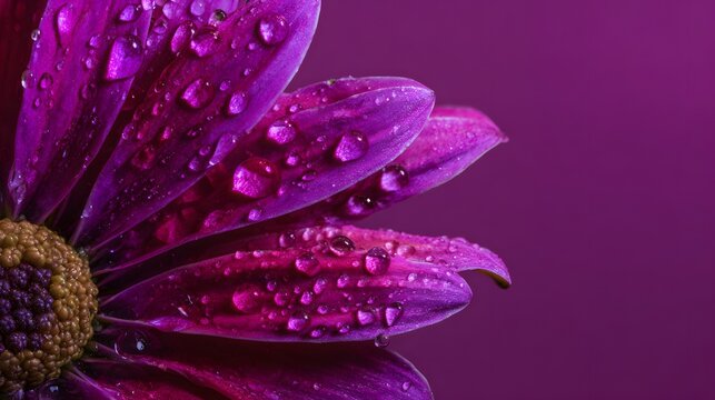 purple gerbera flower with dew drops close up.