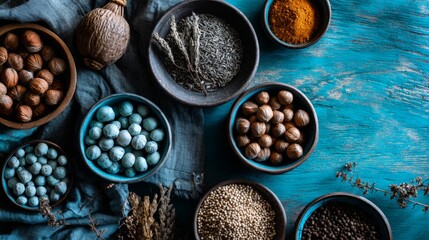 Flatlay rustic bowls nuts seeds photography lifestyle organic natural gourmet inspiration stylish decor artistic composition creative design modern healthy kitchen
