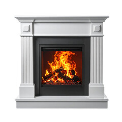 Naklejka premium Fireplace with burning wood logs in modern white frame illustration isolated on transparent background