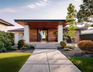 modern minimalist home exterior with a paved walkway leading to a covered entryway lush landscaping surrounds the property