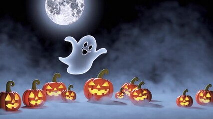 Playful ghosts hover over moonlit pumpkin patch in misty halloween night scene - Powered by Adobe