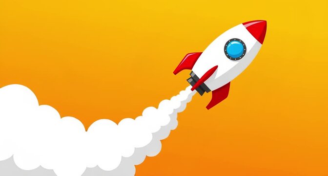 A dynamic cartoon rocket ship soaring through the sky, representing innovation, ambition, and the exciting pursuit of new horizons and technological advancement animated 4k video