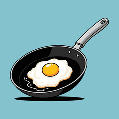 Cartoon fried egg cooking in a frying pan