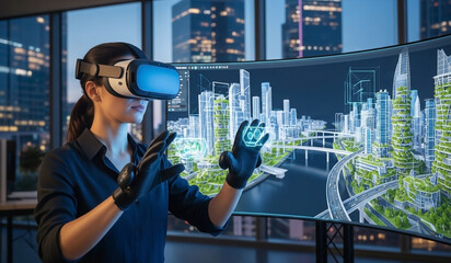 Woman uses VR headset to interact with a 3D city model displayed on a large screen.