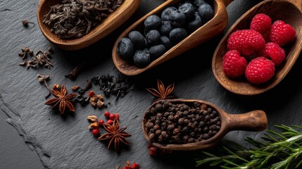Fototapeta premium Flatlay rustic berries spices photography lifestyle organic natural gourmet inspiration stylish decor artistic composition creative design modern healthy food arrangement