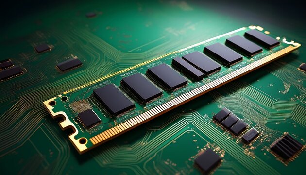 a single ram module is shown featuring a dark colored memory chip on a green circuit board with gold connectors the image is sharply focused showcasing high resolution detail the style is clean a