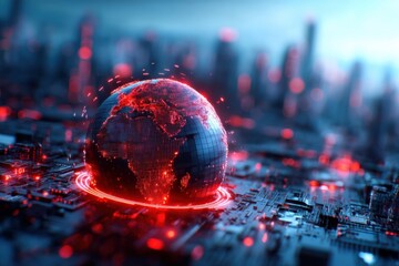 A futuristic depiction of a glowing globe surrounded by digital circuitry, symbolizing technology and interconnectedness.
