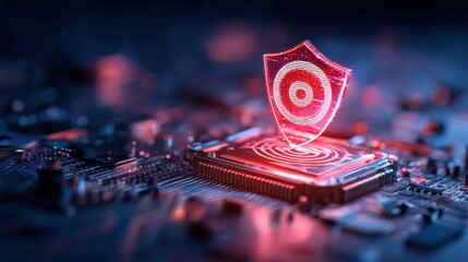 A glowing shield symbol emerges from a microchip, signifying cybersecurity and technology in a digital landscape.