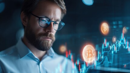 A focused man analyzes digital cryptocurrency trends and data, highlighting the rise of Bitcoin in a tech-savvy environment.