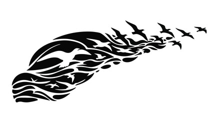 Flock of birds soaring from stylized waves, representing freedom and movement