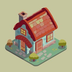 Cozy Cottage with Red Roof and Garden in Cartoon Style