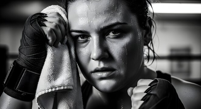 Intense female boxer wiping sweat after hard workout, monochrome portrait capturing strength, determination, and athletic grit, perfect for fitness campaigns
