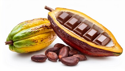 cacao fruit cacao beans and chocolate bar isolated on white background