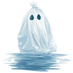 Haunting Pollution: A stark image of environmental impact, where a ghost made of plastic trash floats ominously in a polluted water, creating a somber scene.